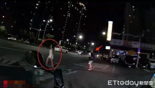 ▲▼燕女酒醉（紅圈）與男友（箭頭）口角在五股加油站酒後鬧事，燕女環抱員警後還喊「我要脫光」，燕女後續被救護人員強制就醫             。（圖／記者陳以昇翻攝）