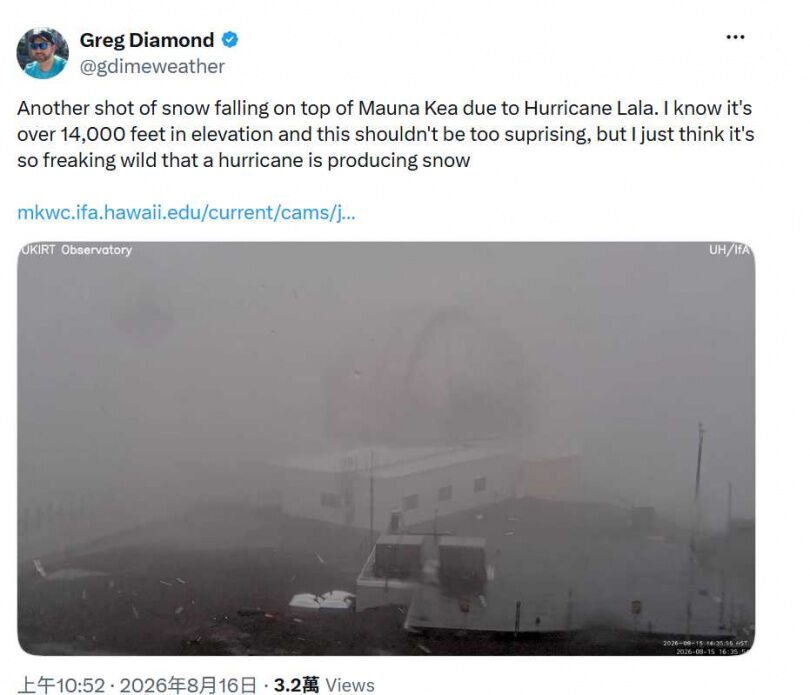 夏威夷驚現「8月雪」！颶風拉拉掃過　逾4000公尺火山頂白了