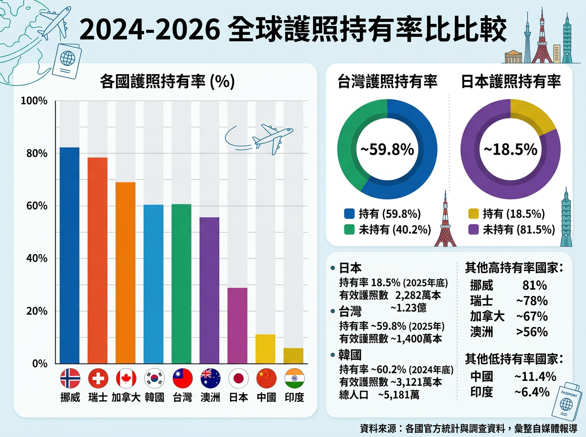 ▲全球護照持有率大比拼！日本僅18.5%驚呆眾人，台灣則逼近6成展現強勁出國熱潮。（AI協作圖／記者閔文昱製作，經編輯審核）