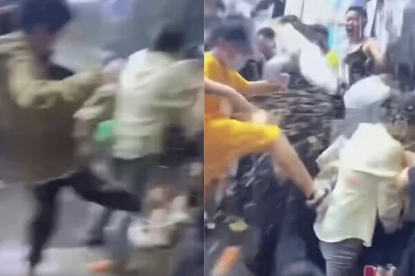 ▲眾男性遭潑水後,秒反擊,輪流怒踹該名女粉絲。(圖/翻攝自微博)