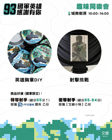 ▲▼文化總會去年（2025年）首度舉辦敬軍活動「93國軍英雄 感謝有你」，今年（2026年）則延續活動好評，再度規劃多元豐富的互動體驗，集結美食市集、手作體驗、射擊挑戰、93英雄照相館、肩頸按摩、任務集章等內容。（圖／文化總會提供）