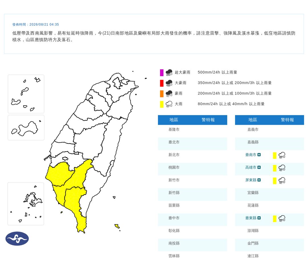 ▲大雨特報