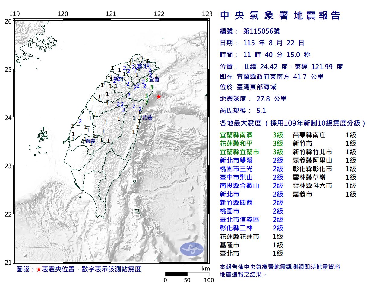 快訊／11:40台灣東部海域規模5.1「極淺層地震」　最大震度3級