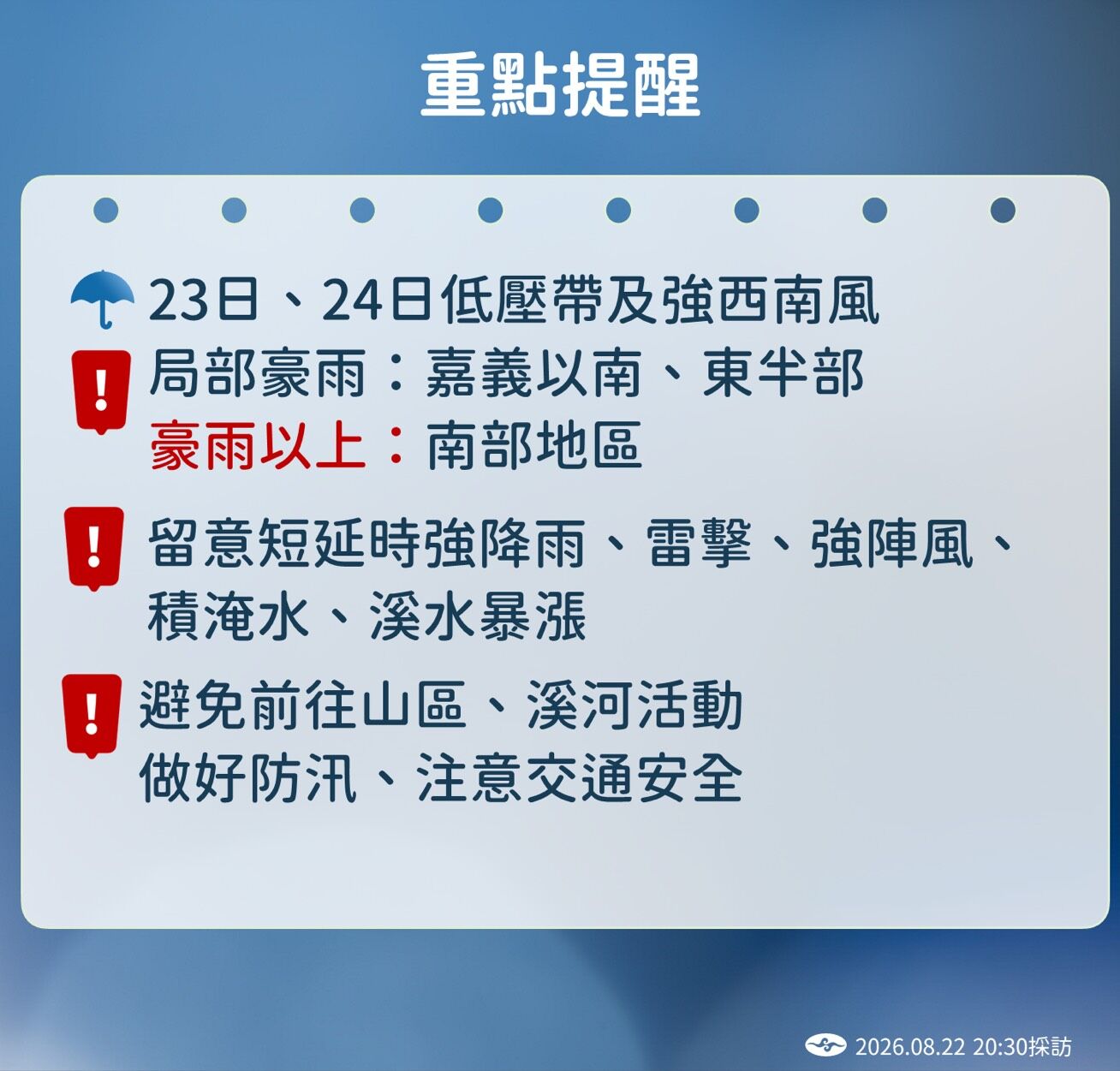 ▲低壓帶與偏強西南風持續影響,南部多地降雨驚人,氣象署提醒嘉義以南嚴防豪雨及劇烈降雨引起的積淹水與山區災害。(圖/氣象署)