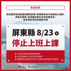 快訊/屏東雨量達標!縣府宣布:23日停止上班、停止上課