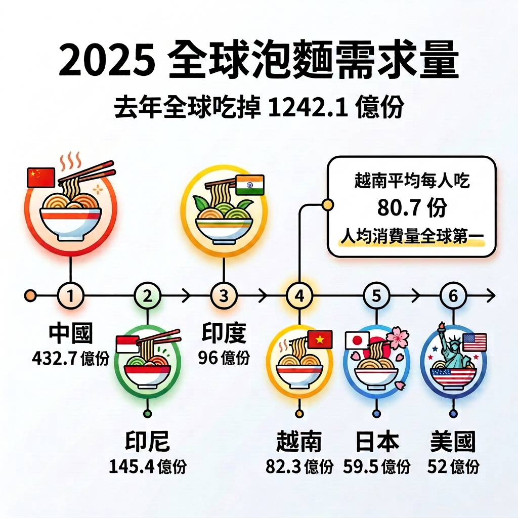 ▲▼2025年全球狂嗑1242億包！　「最愛吃泡麵」國家是越南。（AI協作圖／記者吳美依製作，經編輯審核）