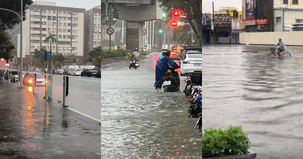 台南、高雄泡水裡！多地積淹水慘況曝光 騎士涉水牽車
