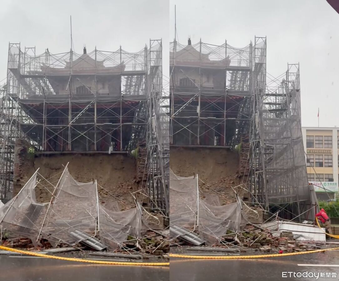▲台南東門城鷹架與底部遭雨水沖垮。（圖／跟著阿瑋去旅行授權提供）