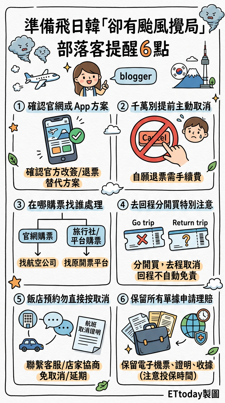 ▲準備飛日韓「卻有颱風攪局」　部落客提醒6點。（AI協作圖／記者周亭瑋製作，經編輯審核）