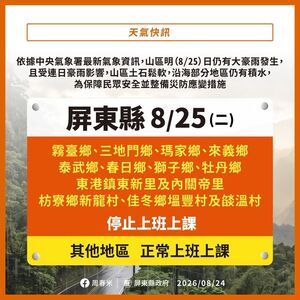 快訊/豪雨不停連放3天 屏東宣布11地區明天停班停課