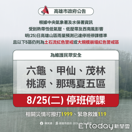 ▲▼ 快訊／高雄豪雨炸不停！25日「5行政區」再停班停課。（圖／記者賴文萱翻攝）