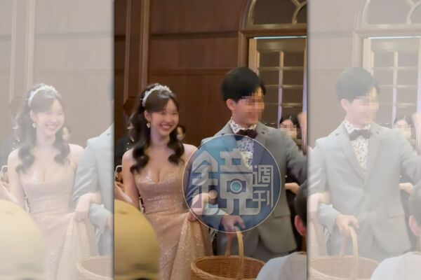 許芊芊與丈夫2024年4月婚宴，席中新郎被一票同學拱著喝下一杯特調「苦茶」，也許如今的發展，他才是最能理解這杯苦茶滋味的人。（讀者提供）