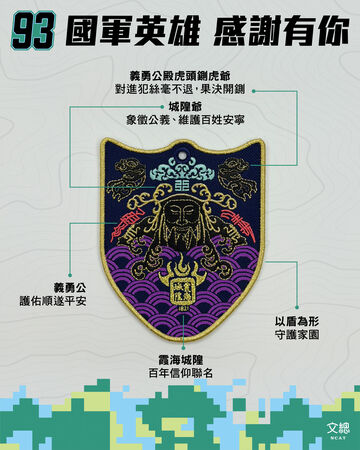 ▲▼今年九三軍人節,文化總會將舉辦「93國軍英雄 感謝有你」敬軍活動,規劃多元豐富的互動體驗,並攜手台北霞海城隍廟、神衣設計師李育昇、文化設計品牌金今KIM-KIM合作設計國軍專屬聯名平安符臂章。(圖/文總提供)
