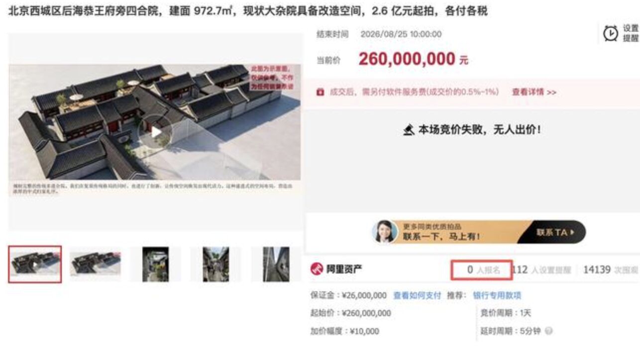 北京蛋黃區恭王府旁四合院無人敢接 起拍價12.3億流拍