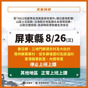 快訊／積水未退交通受阻！屏東春日鄉+5村+2里明天停班課