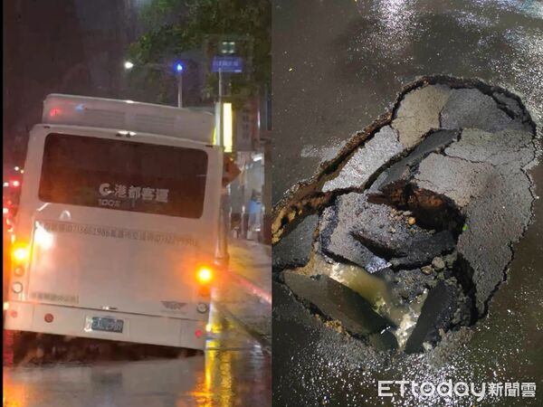 ▲▼高雄總圖旁出現天坑，公車路過栽進去。（圖／翻攝高雄市議員許采蓁Threads）
