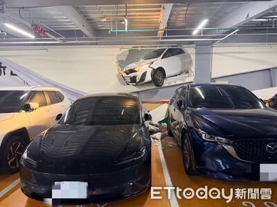不是3D壁畫！中壢停車場白車「穿牆而出」　石塊砸中特斯拉