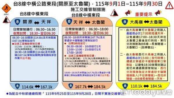 中橫大禹嶺至太魯閣9月+中秋連假交管措施 行車攻略一次看
