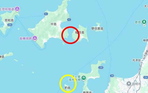 這隻幸運柴犬從紅圈處落海，一路漂到黃圈處。