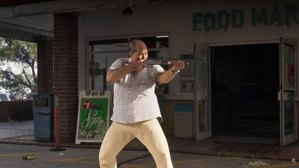  GTA 6中，1名持槍的遊戲人物不論髮型、神情都被認為與毛澤東有幾分相似。（翻攝Rockstar Games YT）