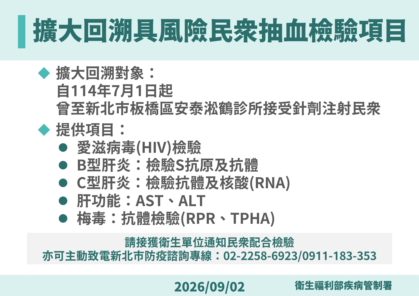 ▲▼板橋安泰淞鶴診所患者擴大回溯具風險抽血檢驗項目。（圖／疾管署提供）