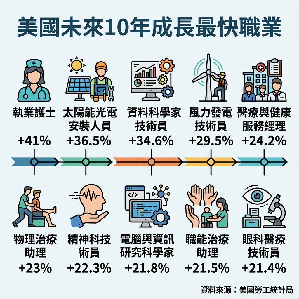 ▲▼不是AI!美未來10年「成長最快10大職業」 過半都在這領域。(AI協作圖/記者吳美依製作,經編輯審核)