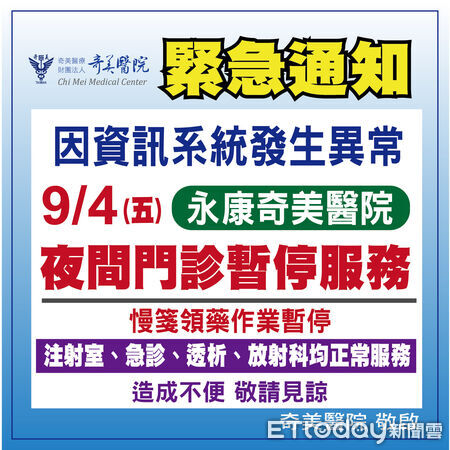 永康奇美醫院資訊系統異常 9／4夜診、慢箋領藥暫停