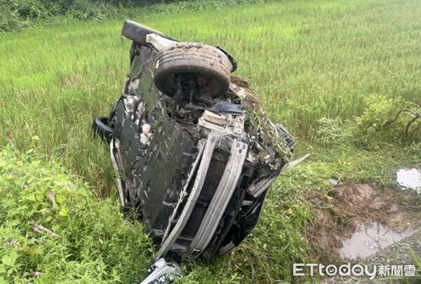 ▲▼車輛撞斷的路樹然後翻落田間。（圖／記者楊熾興攝）