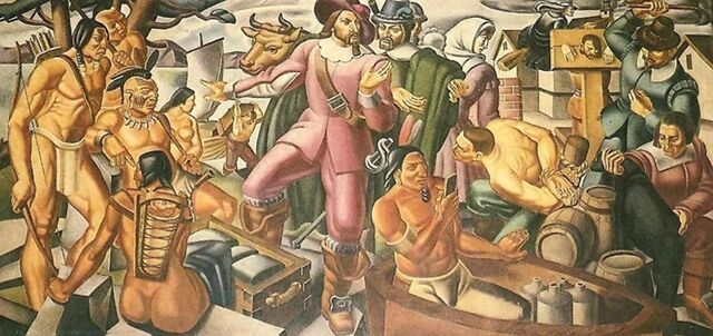 ▲▼時空穿越？90年前壁畫「驚見iPhone」　歷史學家揭真相。Mr. Pynchon and the Settling of Springfield。（圖／翻攝postalmuseum.si.edu、United States Postal Service）