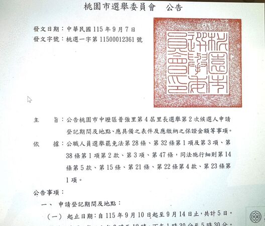 ▲桃園市選委會公告中壢區普強里長二次登記參選登記。（圖／翻攝自桃園市選委會）