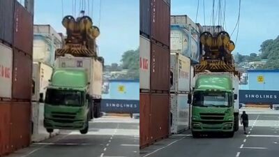 司機忘拔4根插銷!基隆港貨櫃車「連人帶車升空」驚險畫面曝