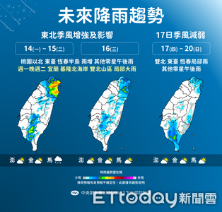 明天北東降雨機率增 後天高溫略降