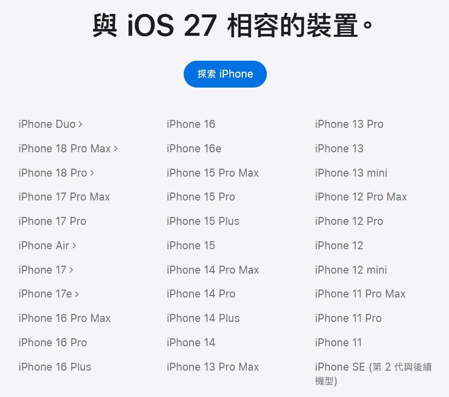 ▲與最新iOS27相容的裝置。（圖／蘋果官網）