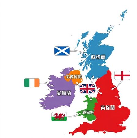 ▲▼▲英國主要由英格蘭（紅）、蘇格蘭（藍）、威爾斯（綠）與北愛爾蘭（橘）組成，如今面臨嚴峻的「分家」危機。（圖／資料來源：NWEGEO）。（AI協作圖／記者張方瑀製作，經編輯審核）