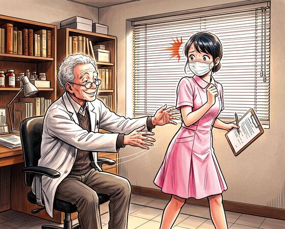 陳博光（左）以「想知道妳有沒有變胖或變瘦」為由，摸、捏護理師小美（右）的腰。（示意畫面，AI繪圖magnific生成，本刊美術組後製）