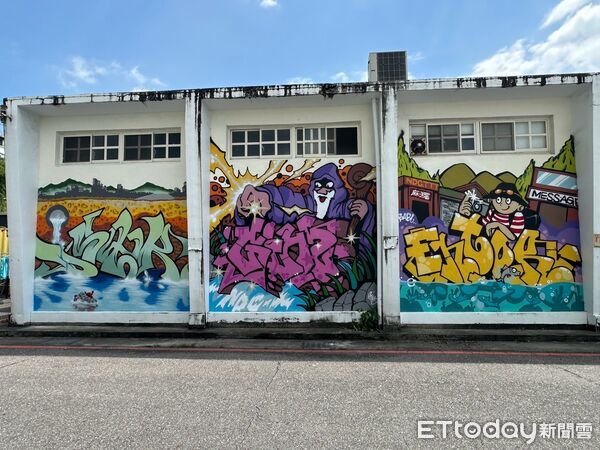 ▲▼進豐園區市公所建物牆面，在不同藝術家畫筆下透過色彩重新認識花蓮城市發展過程中的歷史記憶。（圖／花蓮市公所提供，下同）