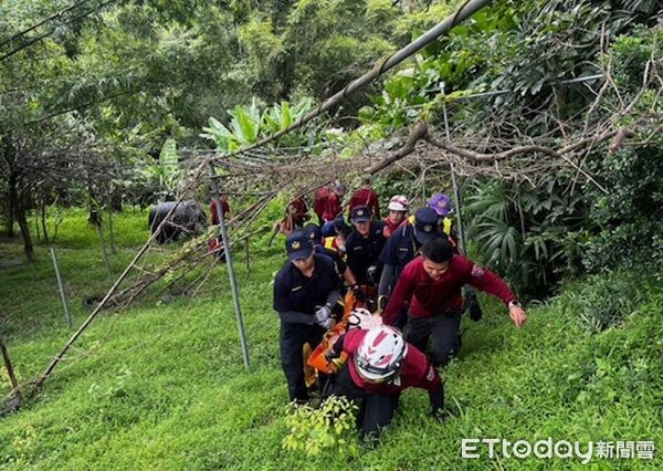 ▲▼將李男固定於擔架上，從谷底合力抬至平面道路送醫。（圖／龜山警分局提供）