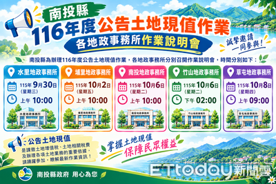 與增值稅息息相關 南投116年土地現值說明會9/30起登場