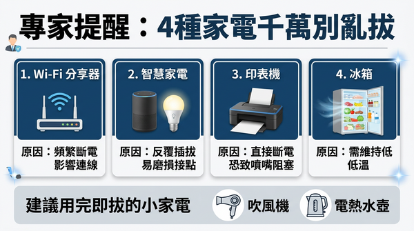 ▲「電器不用就拔插頭」恐省錯？專家點名4種別亂拔。（AI協作圖／記者胡至欣製作，經編輯審核）