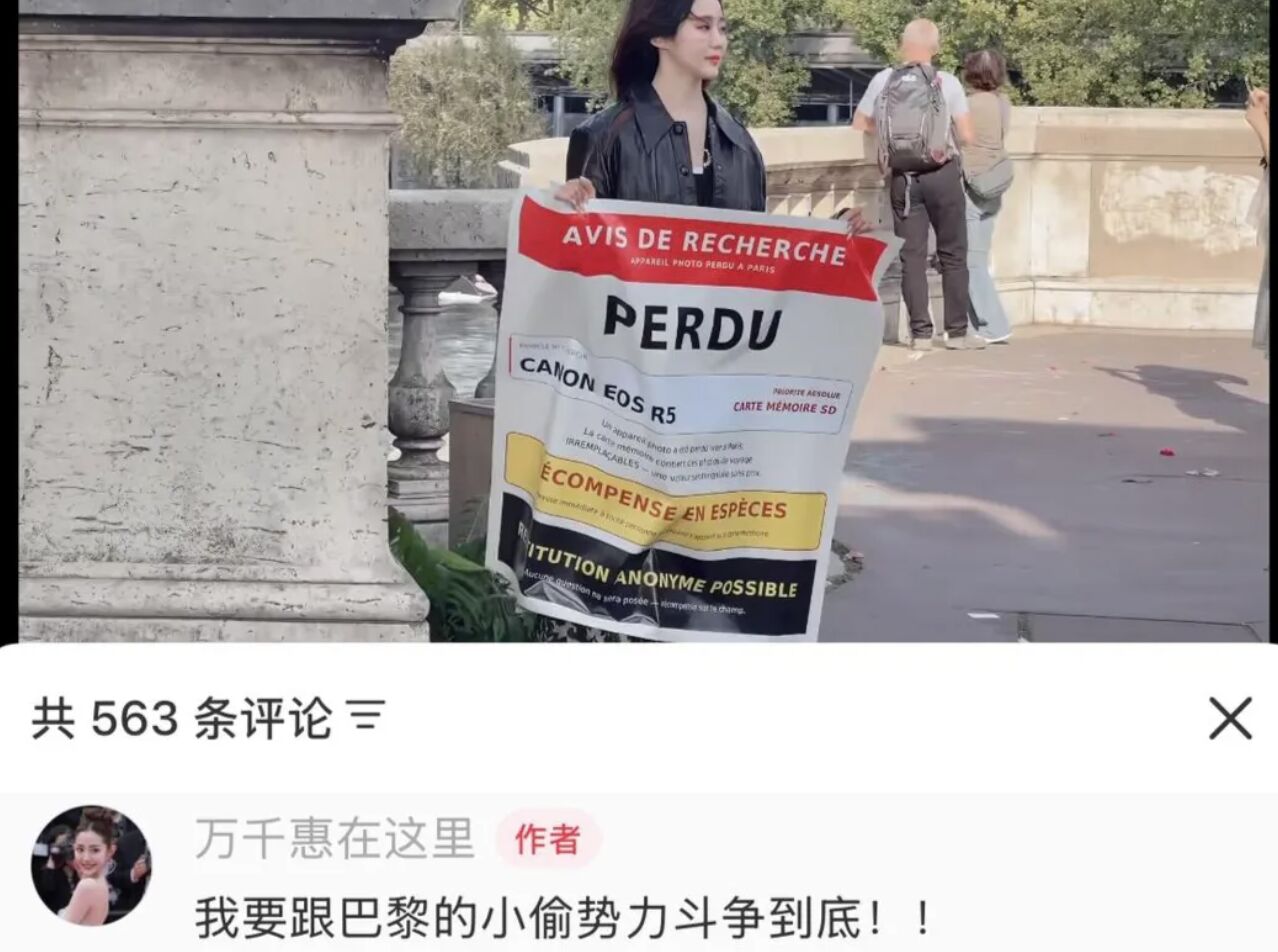 ▲陸女星萬千惠在巴黎街頭舉牌，希望能找回失竊的相機。（圖／翻攝澎湃新聞）