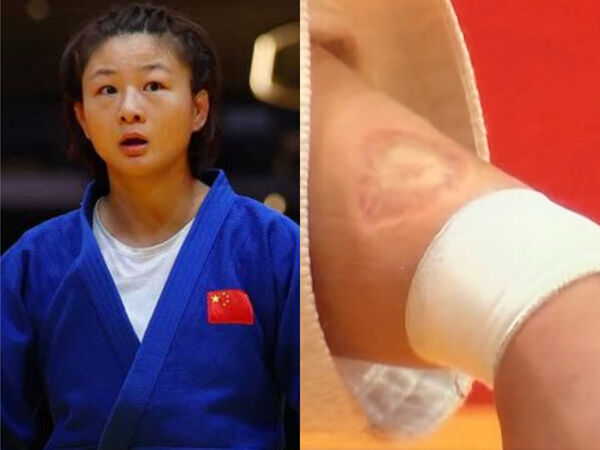 ▲中國選手唐婧在女子70公斤級8強與日本前田凜纏鬥時，因咬傷對手手臂遭判犯規敗。（圖／翻攝自X）
