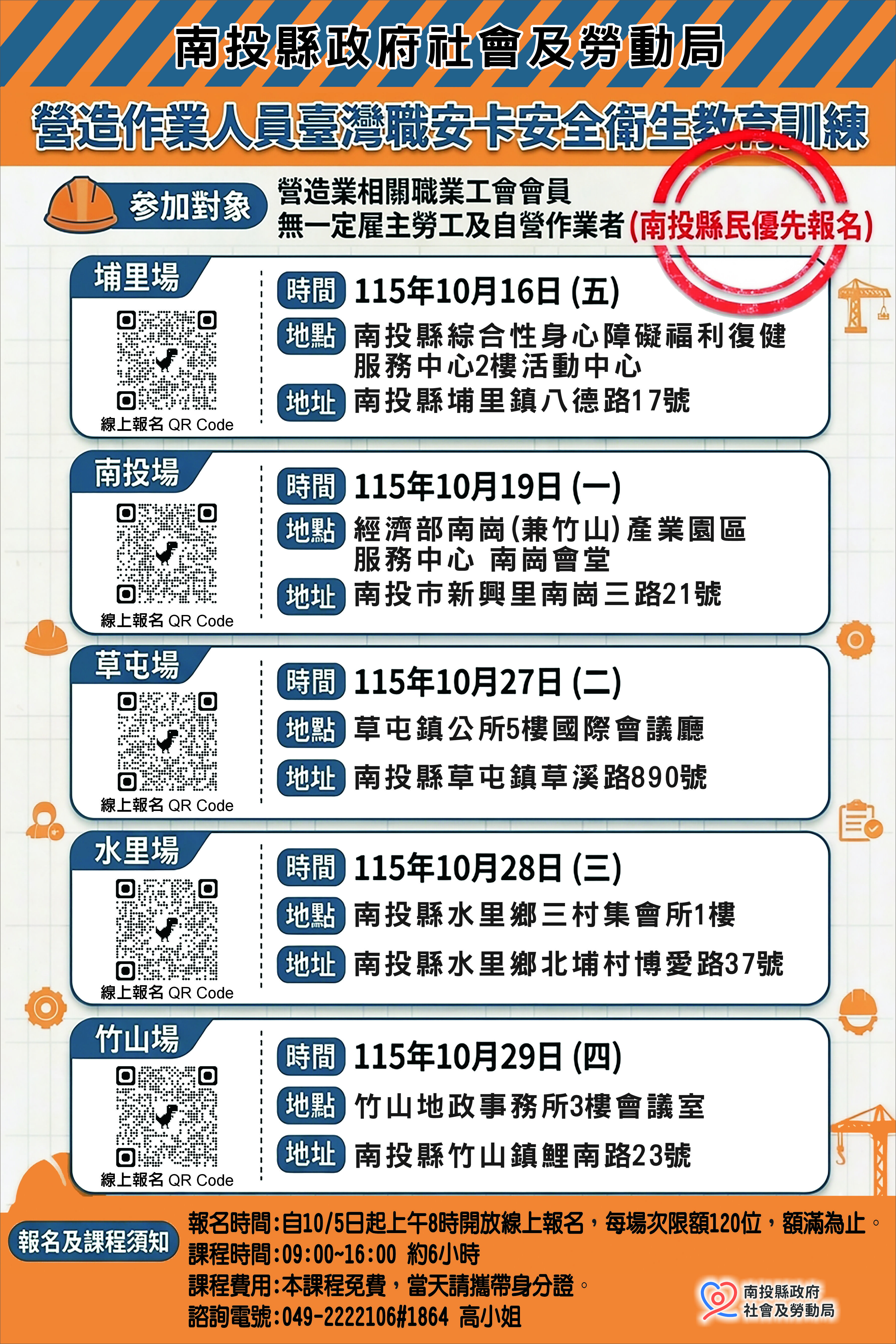 ▲縣府10月份加開5場「臺灣職安卡」免費課程 10/5開放線上報名。（圖／南投縣政府提供）