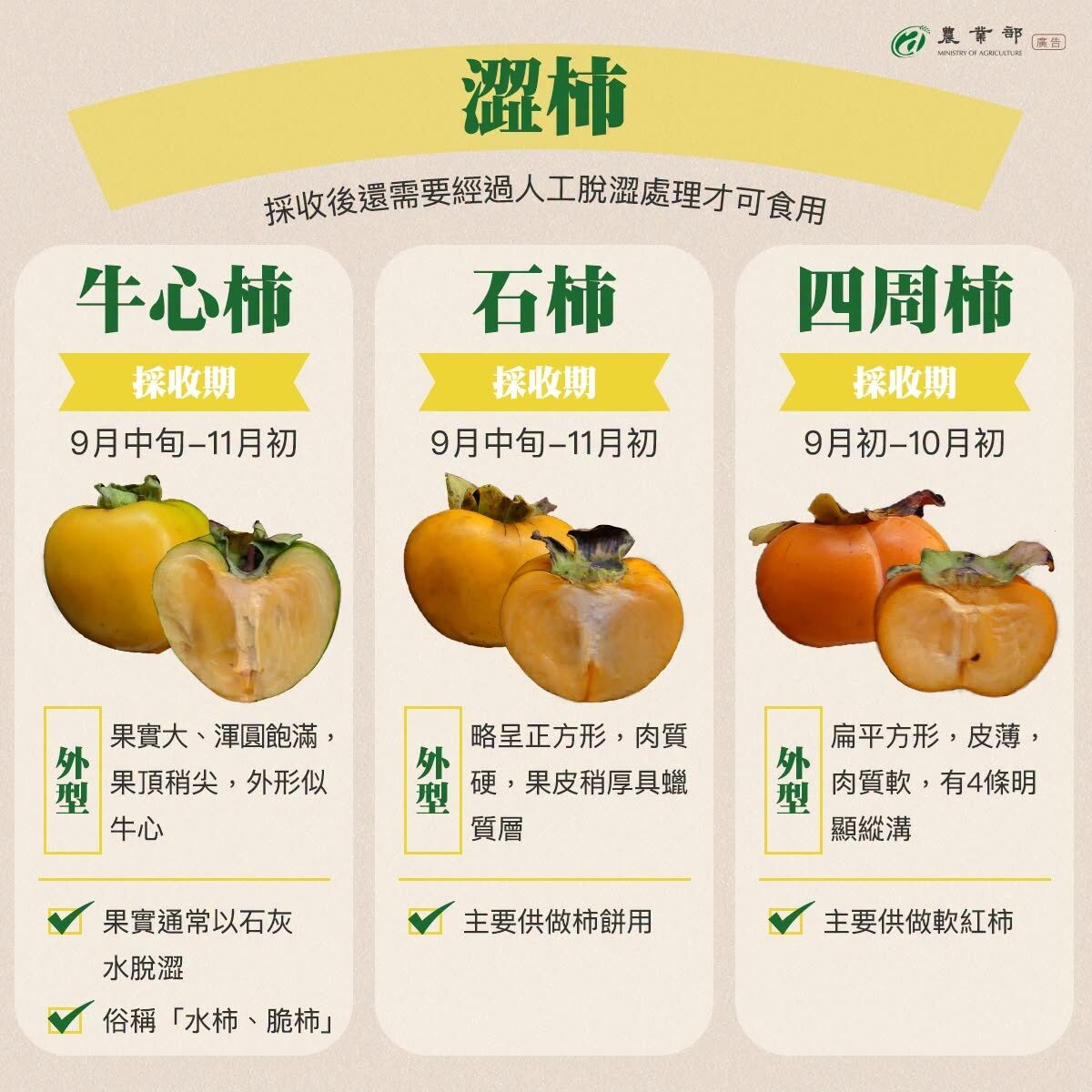 ▲▼農業部指柿子分成甜柿與澀柿，各有主要三大種類，並提供挑選甜柿的訣竅。（圖／農業部提供）