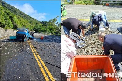 疑疲勞駕駛釀禍！花蓮2車對撞「蝦子撒滿地」　警挽衣袖幫忙撿