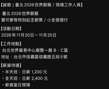 冒用「世界郵展」祭日薪2400元徵才 中華郵政急喊:別報名