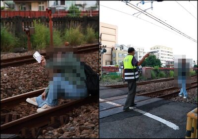 女子闖台南平交道「坐鐵軌自拍」 被制止還燦笑照片讓網罵翻